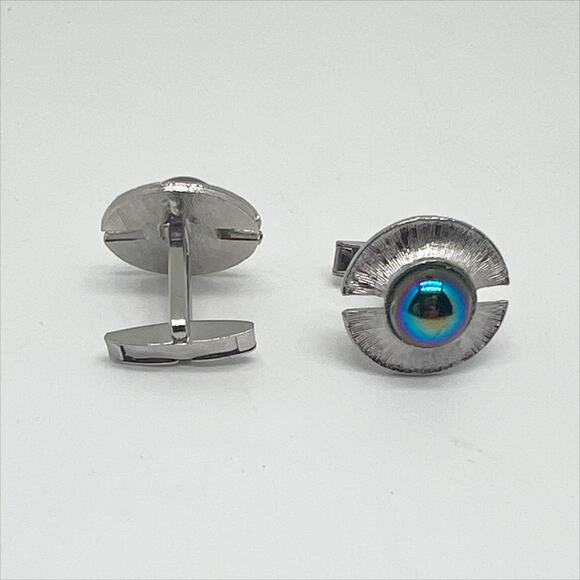 🎁 Vintage Silver Tone Round Design Iridescent Stone Cufflinks Menswear - Picture 3 of 5